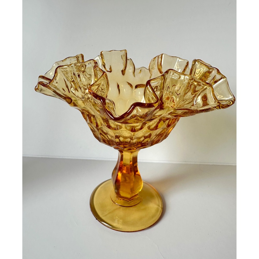 Vintage Amber Glass Ruffled Compote Dish Thumbprint Pedestal Bowl Honey Gold